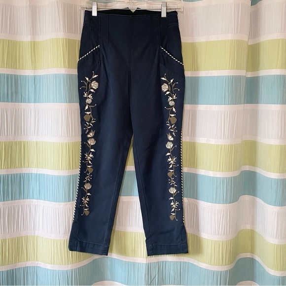 Anthropologie Matador Floral Embroidered Cropped Pants Navy Blue Sz 0P - Picture 7 of 10